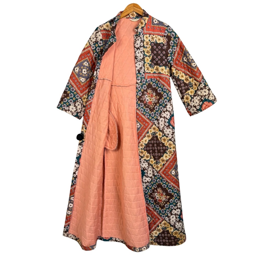 Vtg 60s Miss Elaine Housecoat Womens XS Floral Patchwork Quilted Robe Hostess
